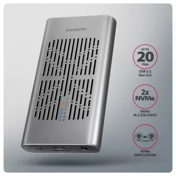 Ulkoinen kotelo AXAGON EEM2-20GD USB-C 20 Gbps kahdelle M.2 NVMe SSD:lle laitteistokloonauksella