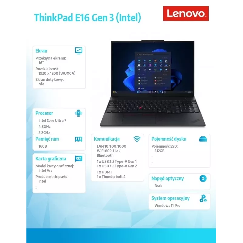 Lenovo ThinkPad E16 Gen 3 kannettava, Intel Core Ultra 7 256V, 16GB RAM, 512GB SSD, 16 inch WUXGA, Windows 11 Pro, musta