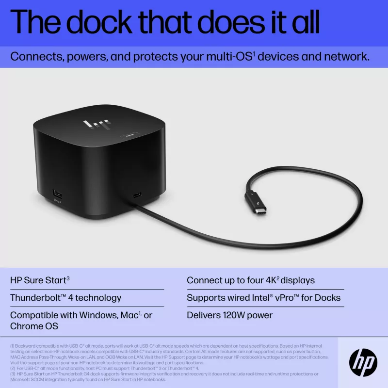HP Thunderbolt Dock 120W G4, Kensington, Kiina, Thaimaa, Taiwan, yritys, Windows 10, Windows 11, MacOS, 98 mm