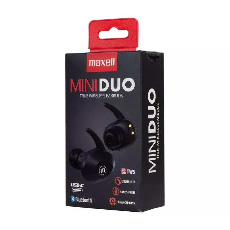 MAXELL MINI DUO langattomat nappikuulokkeet latauskotelolla musta