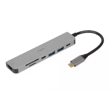Telakkakeskitin IBOX IUH3SL4K USB Type-C 5 Gbit/s, HDMI 4K@30Hz, PD jopa 100 W, 2x USB-A, 2x USB-C, kortinlukija, hopea