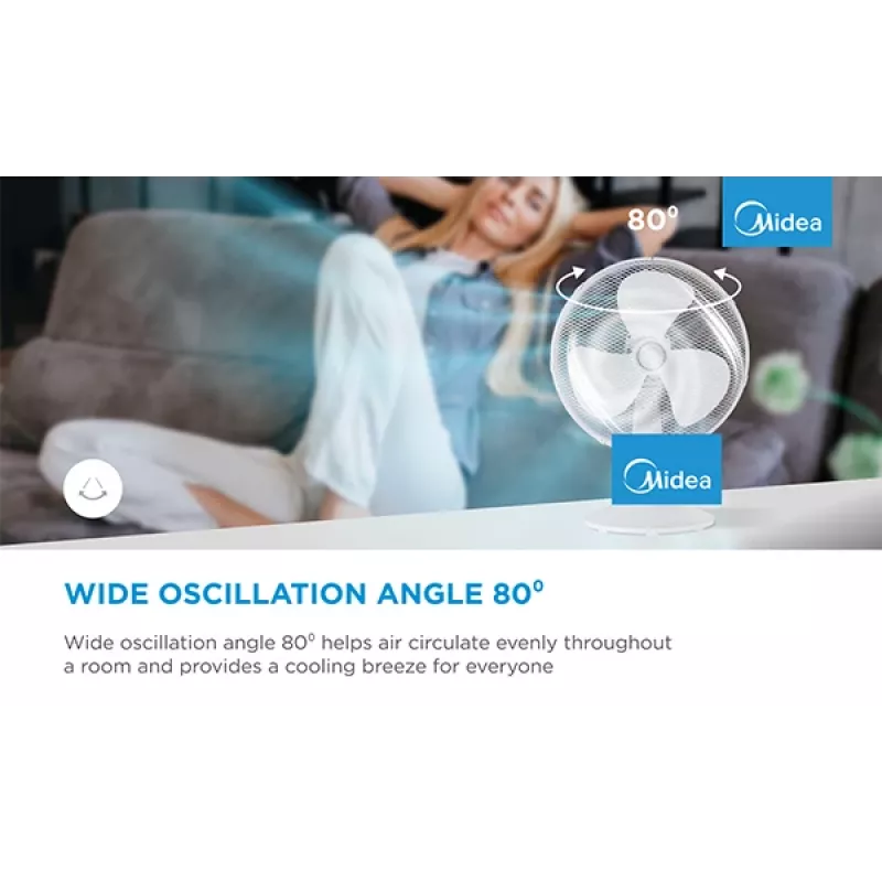 Pöytätuuletin Midea FT40-21M — 40 cm halkaisija, 3 nopeutta, oskillaatio, 25 W, valkoinen