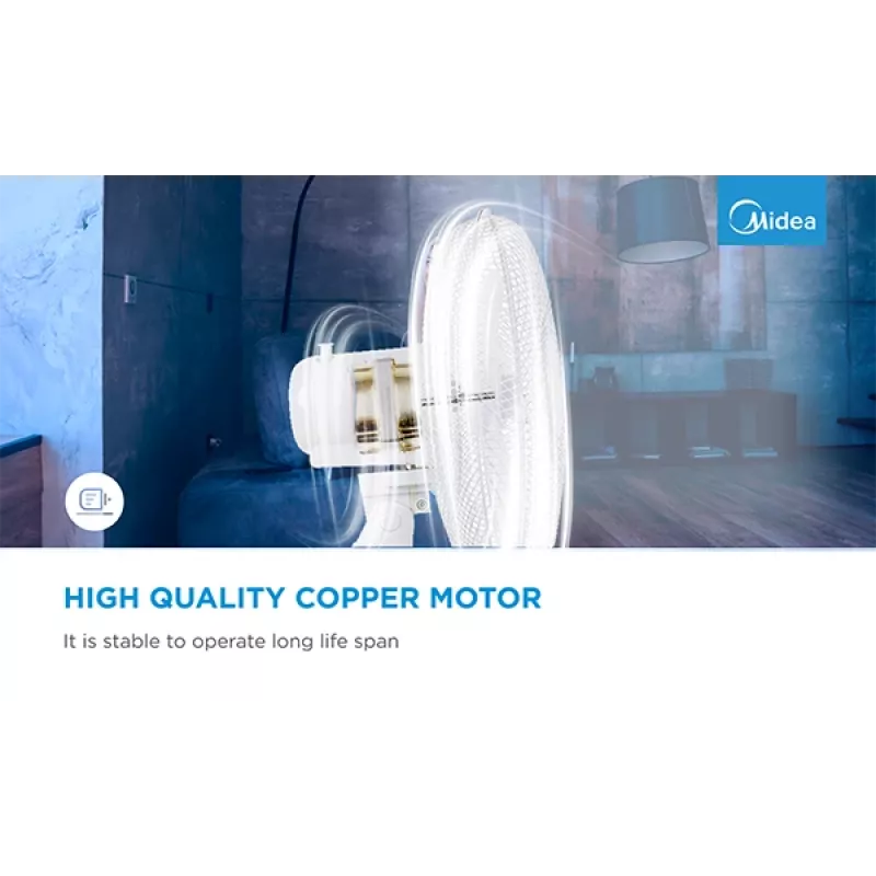 Pöytätuuletin Midea FT40-21M — 40 cm halkaisija, 3 nopeutta, oskillaatio, 25 W, valkoinen