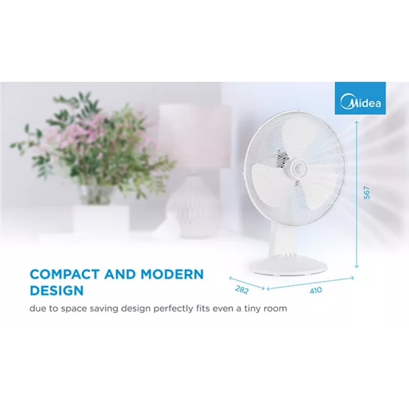 Pöytätuuletin Midea FT40-21M — 40 cm halkaisija, 3 nopeutta, oskillaatio, 25 W, valkoinen