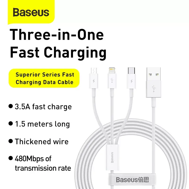 USB-kaapeli Baseus Superior USB 2.0 1,5 m USB A USB C/Micro USB A/Lightning valkoinen