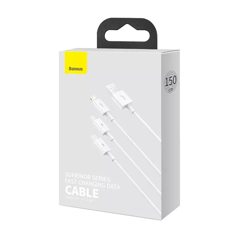USB-kaapeli Baseus Superior USB 2.0 1,5 m USB A USB C/Micro USB A/Lightning valkoinen