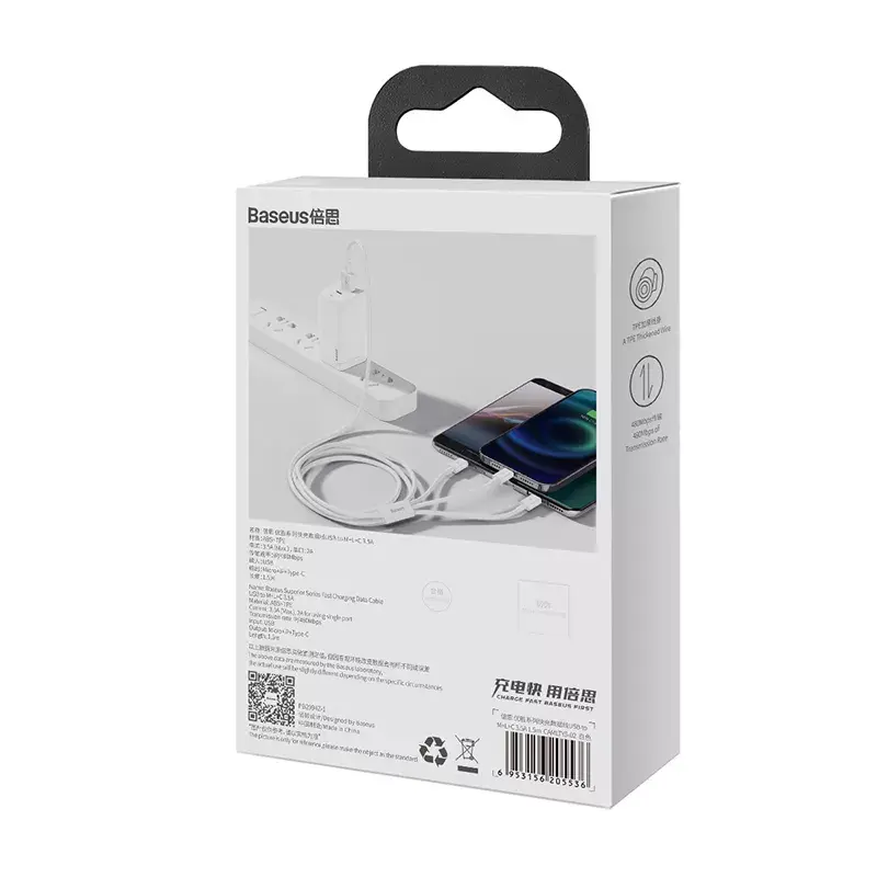 USB-kaapeli Baseus Superior USB 2.0 1,5 m USB A USB C/Micro USB A/Lightning valkoinen