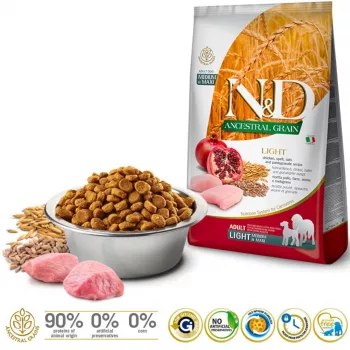 FARMINA N&D ANCESTRAL GRAIN DOG LIGHT - KANA, SPELTTI, KAURA JA GRANAATTIOMENA AIKUISILLE KESKIKOKOISILLE & SUURILLE 12 kg
