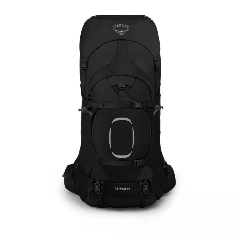Reppu Osprey Aether 65 — 65 L, nailon, musta, 2,2 kg, 40 cm leveys, miesten