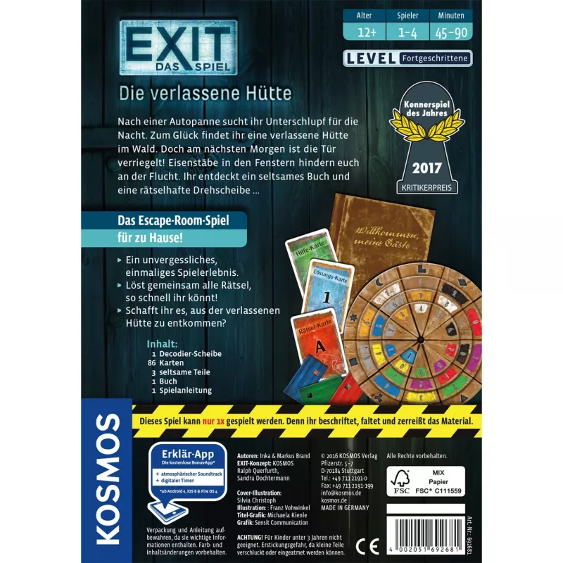 EXIT - Das Spiel - Die verlassene Hütte, juhlapeli Kennerspiel des Jahres 2017
