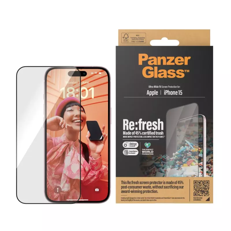 PanzerGlass ® Re:fresh näytönsuoja iPhone 15 Ultra-Wide Fit EasyAligner iskunkestävä läpinäkyvä