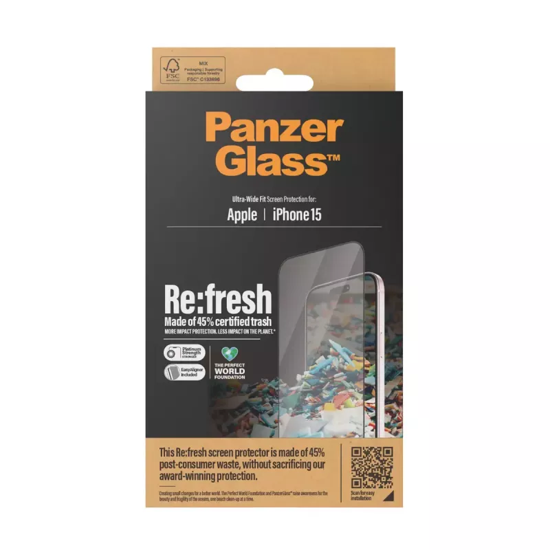 PanzerGlass ® Re:fresh näytönsuoja iPhone 15 Ultra-Wide Fit EasyAligner iskunkestävä läpinäkyvä