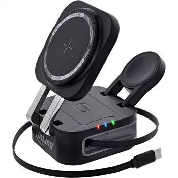 Langaton sisäkäyttöinen laturi InLine 33392T kuulokkeille, headseteille, älypuhelimille ja älykelloille – USB-virtalähde 9/12 V, musta