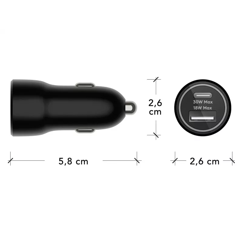 Autolaturi d bramante re-charge — USB-C 30W + USB-A 18W, 12–24V, musta