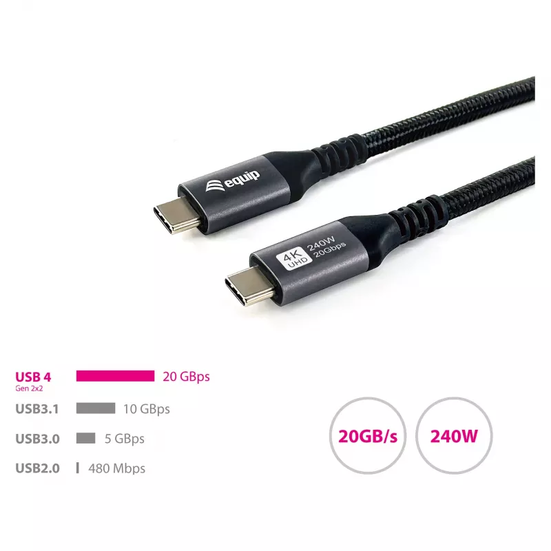 EQUIP USB4 Gen 2x2 C–C-kaapeli 3,0 m, PD 100W, 4K/60Hz, 20Gbps, musta