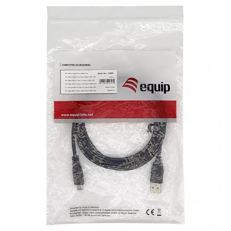 EQUIP USB 2.0 C–A-kaapeli M/M 0,5 m, USB 2.0, 0,48 Gbit/s, nikkelöidyt koskettimet, musta