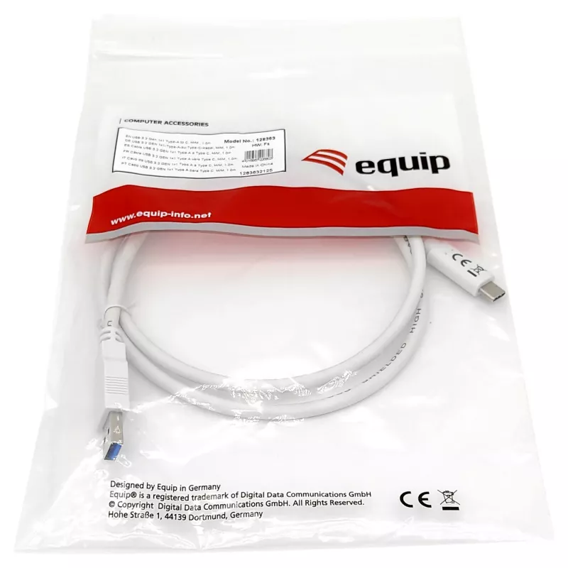 USB 3.2 Gen 1 C–A-kaapeli EQUIP 0,5 m 5 Gbit/s valkoinen (USB-C–USB-A, nikkelöidyt koskettimet)