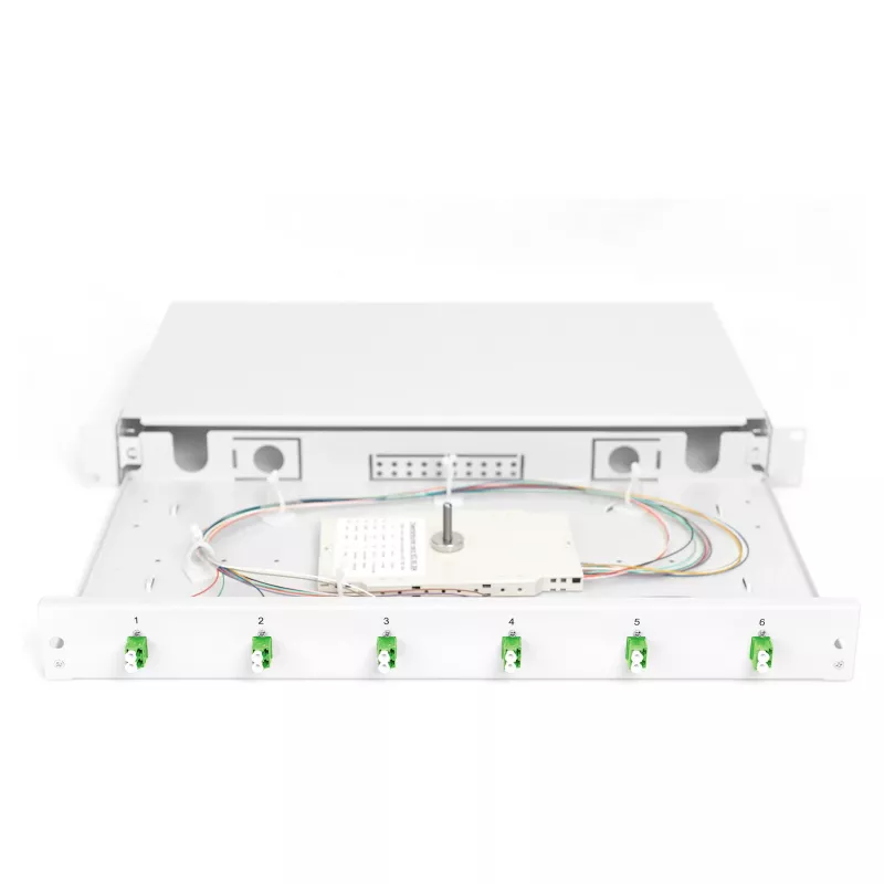 Kuitujatkosrasia DIGITUS DN-96330/9APC 1U, varustettu 6x LC-APC DX, OS2, polymeeri/teräs, vaaleanharmaa