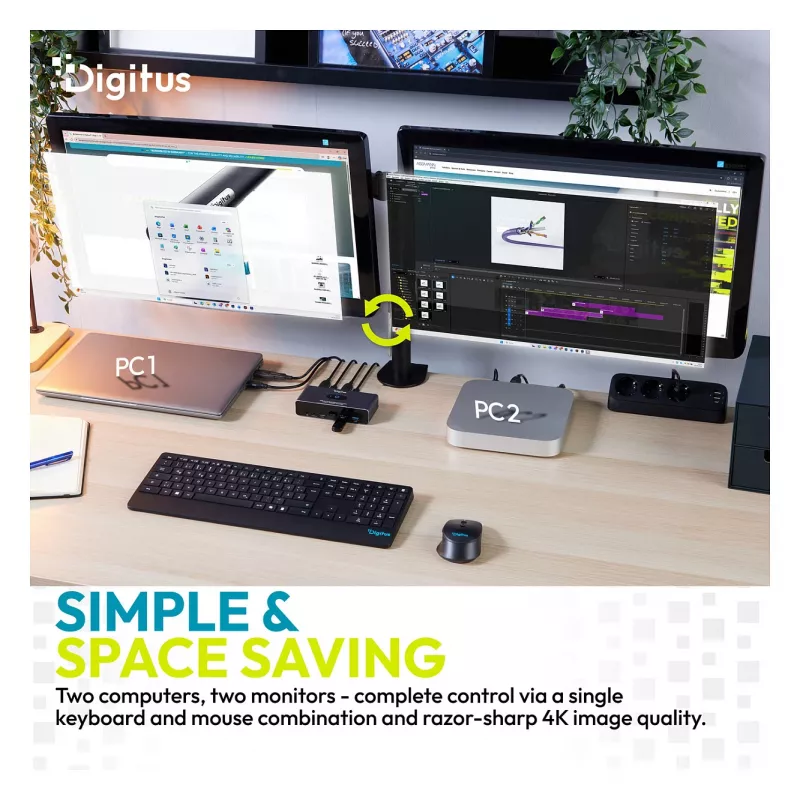 KVM-kytkin DIGITUS DS-12856 USB-C/USB-A 2-porttinen Dual HDMI 4K60Hz (USB 3.2 Gen 1)