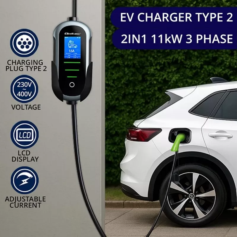 Sähköauton laturi QOLTEC 11 kW 400 V CEE 16 A WiFi:llä