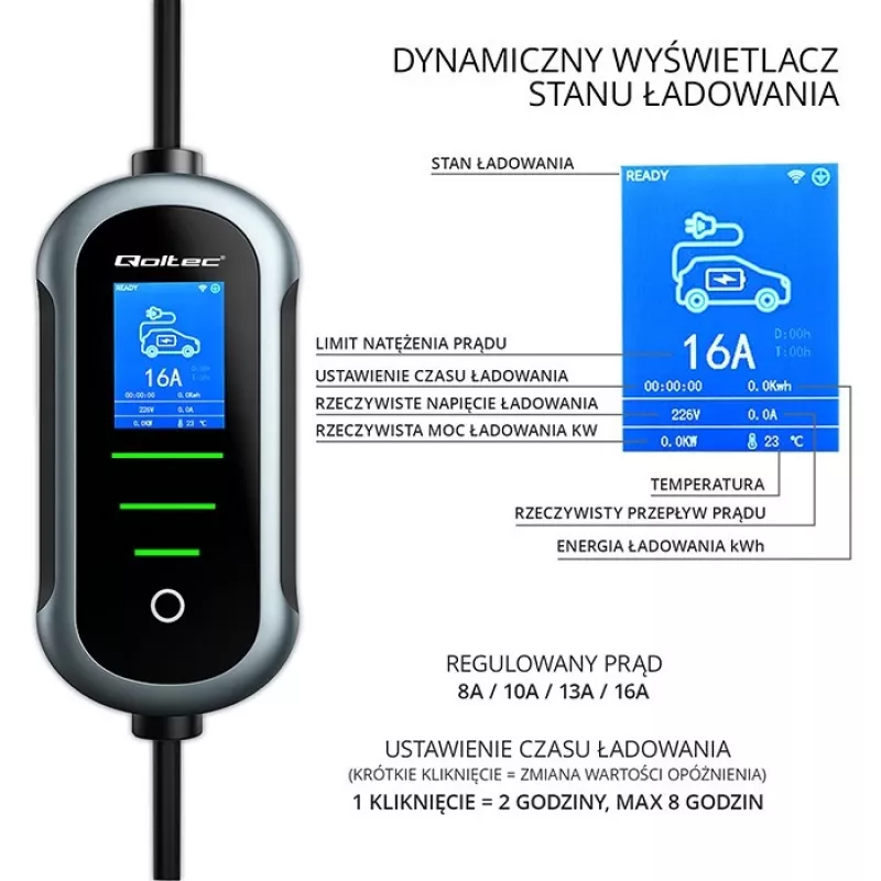 Sähköauton laturi QOLTEC 11 kW 400 V CEE 16 A WiFi:llä