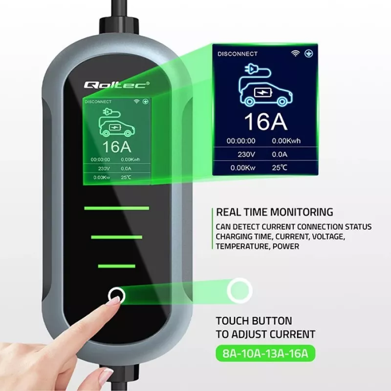 Sähköauton laturi QOLTEC 11 kW 400 V CEE 16 A WiFi:llä