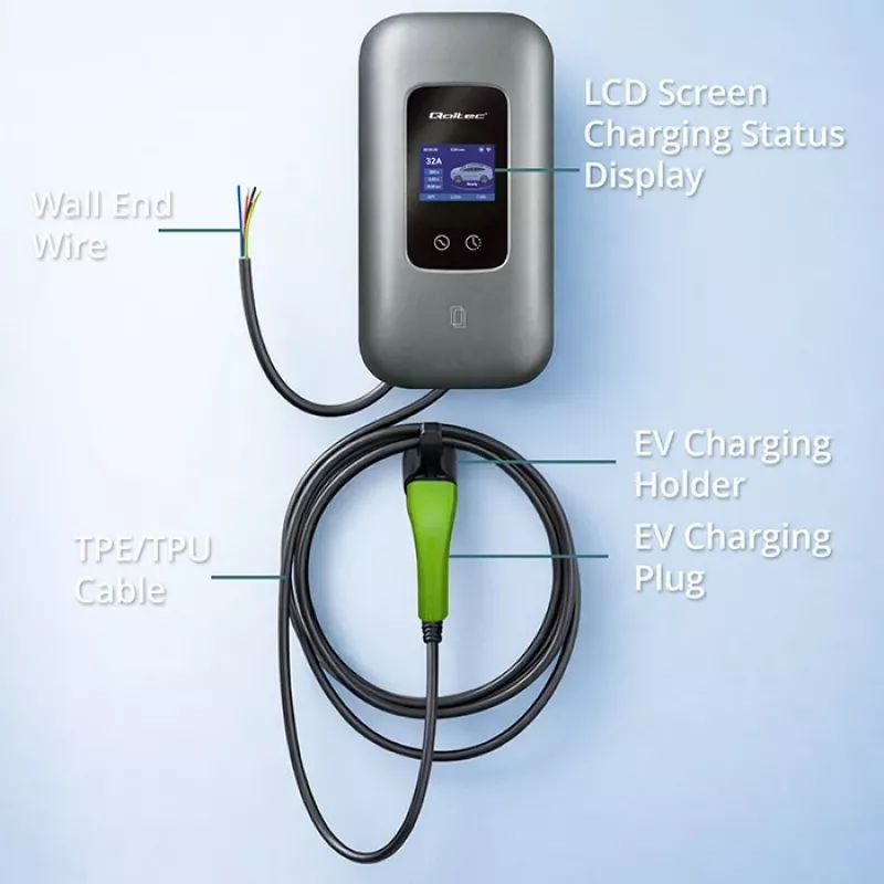 Sähköauton latausasema QOLTEC 3-vaiheinen 22 kW 32 A WLAN:lla (malli 52723)