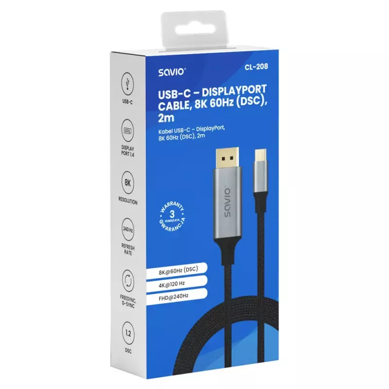 USB-C - DisplayPort-kaapeli SAVIO CL-208 (DisplayPort 1.2, 2 m)
