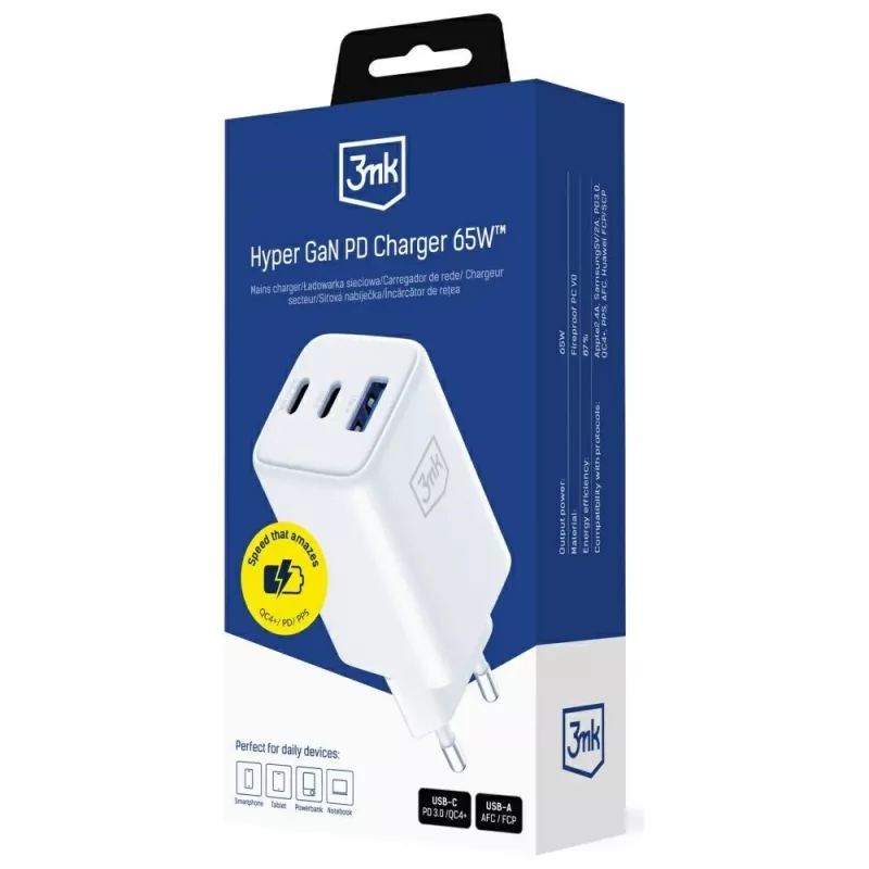 3MK Charger Hyper GaN 65W QC4+ — USB GaN 65W pikalaturi QC4+-tuella
