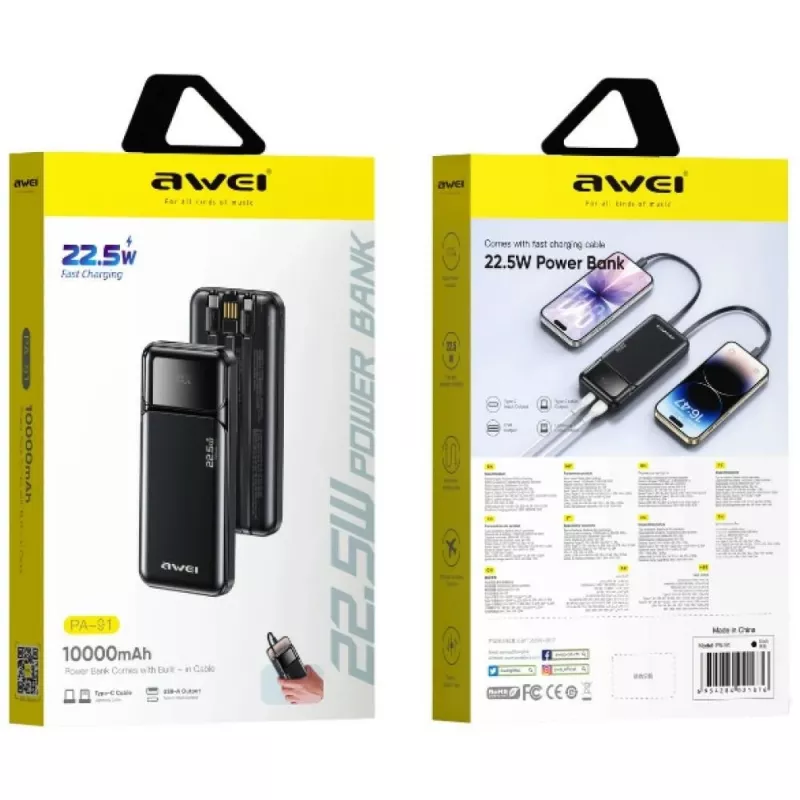 Powerbank Awei PA-91 10000mAh 22,5W PD 2xUSB-C + kaapeli musta