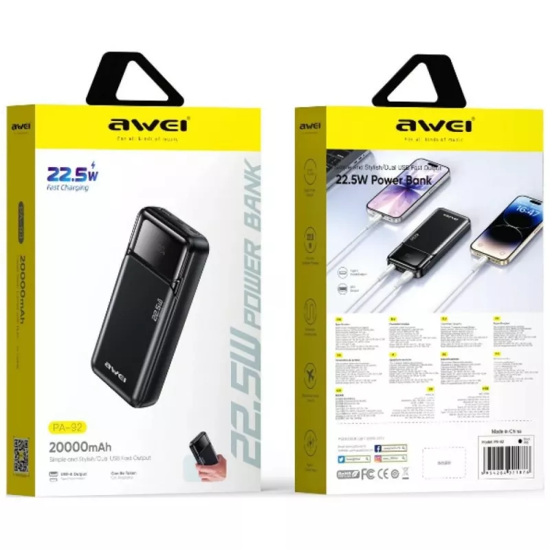 Powerbank Awei PA-92 20 000 mAh 22,5 W PD 2x USB-C-liitännöillä
