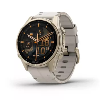 Älykello GARMIN Fenix 8 43 mm, 1,3 tuuman AMOLED 416×416, kosketusnäyttö, Wi‑Fi, GPS, 32 GB, kultainen kotelo, harmaa nahkaranneke