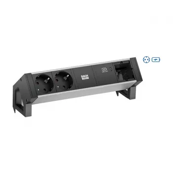 BACHMANN DESK2 ALU musta 2x suojakosketinpistorasia, USB-C, USB-laturi 60W 0,2m GST18