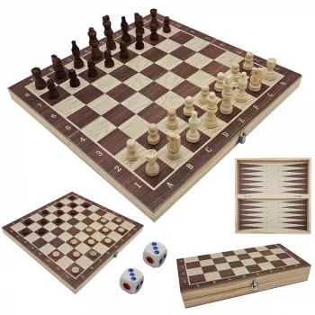 Extralink Toys puinen shakki 3W1 tammi + SZACHY + tryktrak