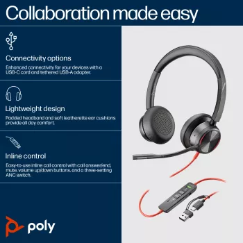 HP Poly Blackwire 8225 USB-C-kuulokemikrofoni, johdollinen, toimisto/asiakaspalvelu, 185 g, kuulokemikrofoni, musta