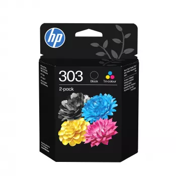 HP 303 2 kpl:n pakkaus musta/kolmivärinen alkuperäiset mustesuuttimet, vakiokapasiteetti, musta, syaani, magenta, keltainen, pigmenttimuste, väriainemuste, 4 ml, 4 ml