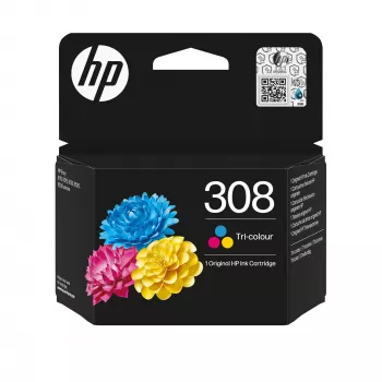 HP 308 kolmivärinen alkuperäinen mustesuutin, vakiokapasiteetti, syaani, magenta, keltainen, väriainepohjainen muste, 1 kpl, 500 sivua, yhdistelmäpakkaus
