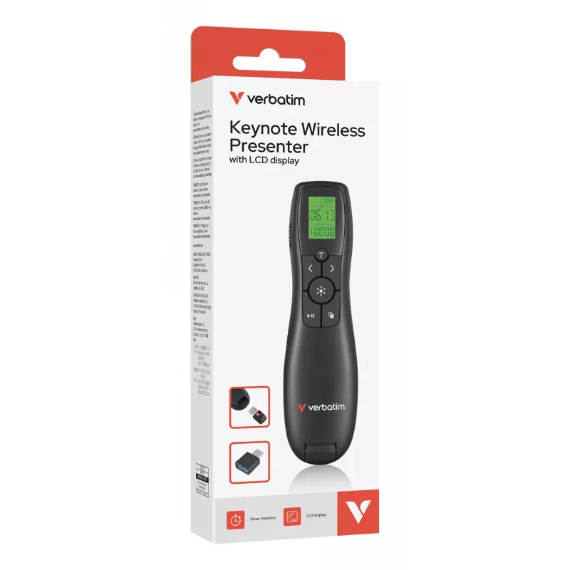 Verbatim Keynote langaton esityskaukosäädin LCD-näytöllä, RF, USB, 30 m, musta