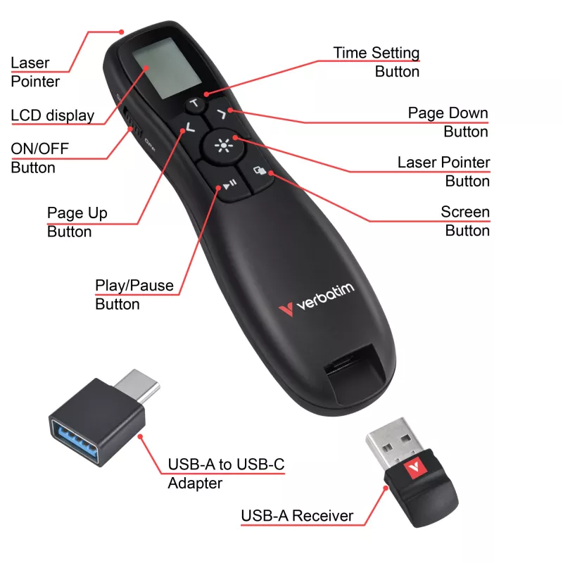 Verbatim Keynote langaton esityskaukosäädin LCD-näytöllä, RF, USB, 30 m, musta
