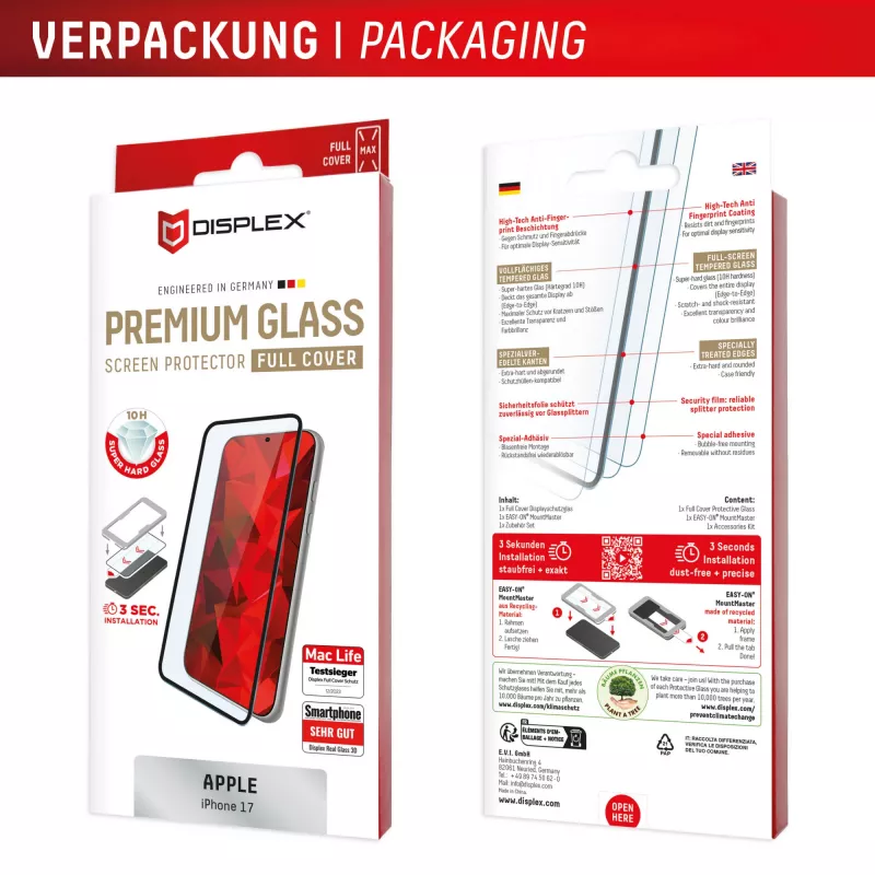 Displex Premium näytönsuojakalvo (täysi peitto, 10H) Apple iPhone 17, täysi peitto