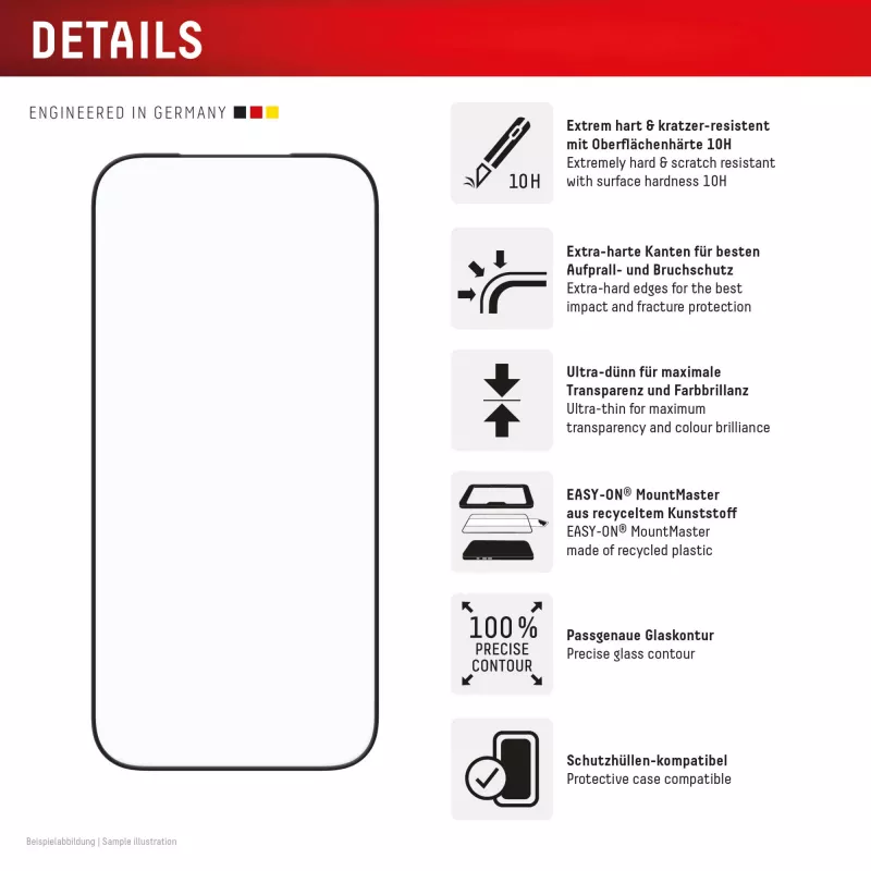 Näytönsuoja e.v.i. Displex iPhone 17 Pro Premium asennusapuvälineellä – naarmuuntumaton, läpinäkyvä/musta