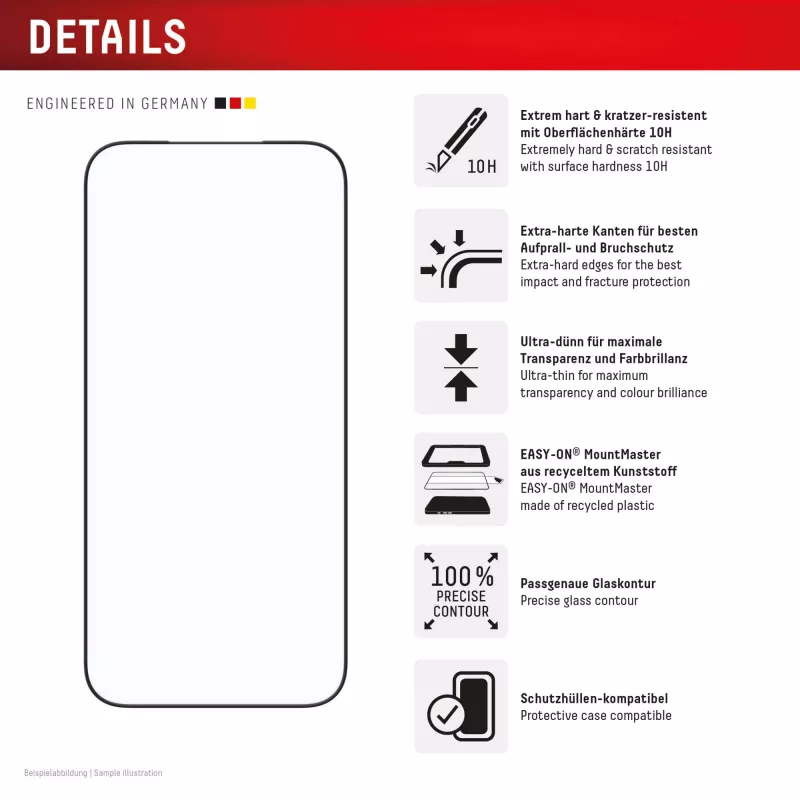Näytönsuojakalvo e.v.i. Displex Premium iPhone 17 Pro Max Mount Master -asennusavulla (naarmu- ja likaahylkivä, läpinäkyvä/musta)