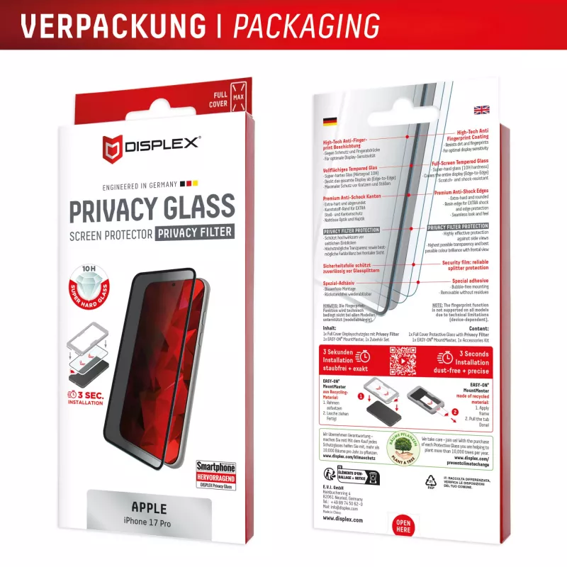 Displex Privacy näytönsuoja (10H) Apple iPhone 17 Pro, tietosuojasuodatin