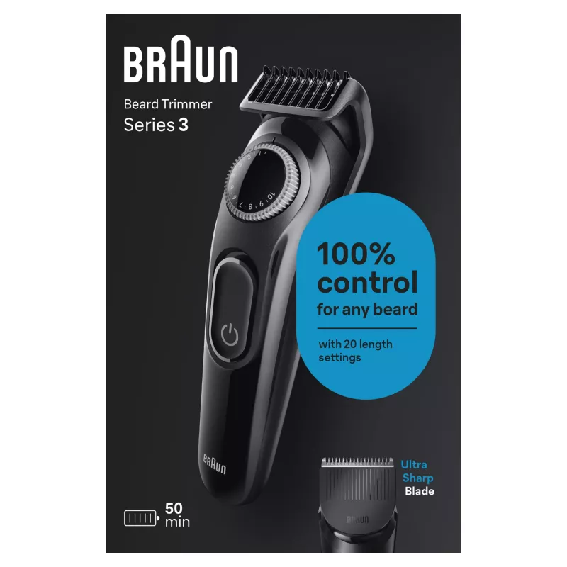 Braun BeardTrimmer 3 Beard Trm 3 BT3400, pestävä, paristo, musta