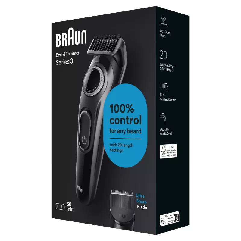Braun BeardTrimmer 3 Beard Trm 3 BT3400, pestävä, paristo, musta