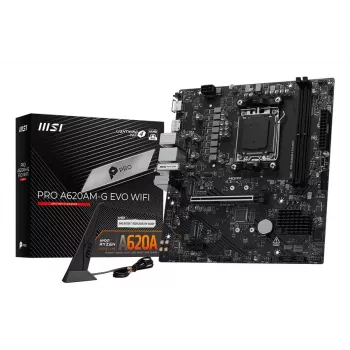 Emolevy MSI Pro A620AM-G EVO WIFI — AMD A620A piirisarja, kanta AM5, micro ATX, DDR5, 2 muistipaikkaa, Wi‑Fi 6E, 2,5Gb Ethernet