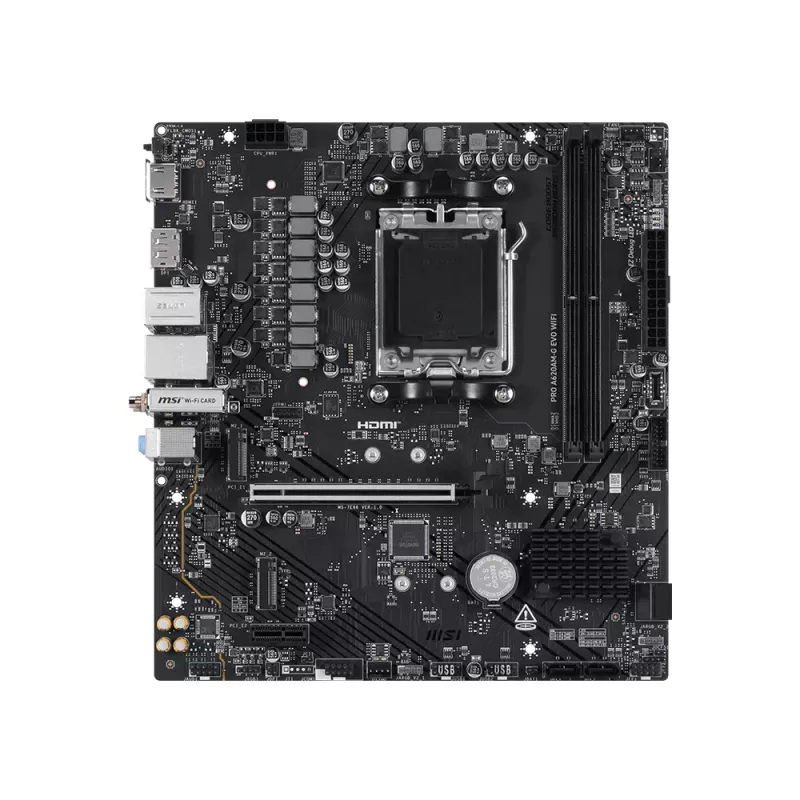 Emolevy MSI Pro A620AM-G EVO WIFI — AMD A620A piirisarja, kanta AM5, micro ATX, DDR5, 2 muistipaikkaa, Wi‑Fi 6E, 2,5Gb Ethernet