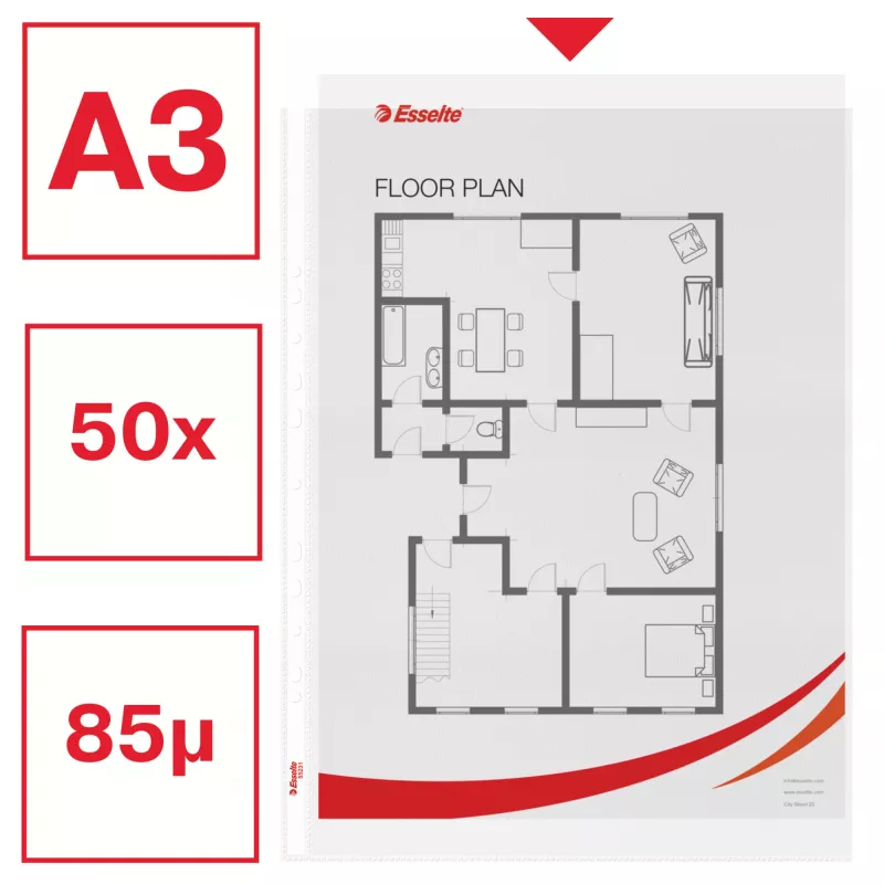 Esselte Quality Pocket A3 pysty, 30 % kierrätettyä muovia pre-consumer-materiaalista