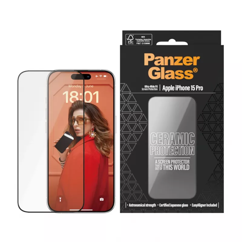 PanzerGlass ® Ceramic näytönsuoja iPhone 15 Pro | Ultra-Wide Fit EasyAlignerilla