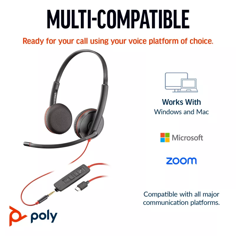 HP Poly Blackwire 3225 stereo USB-C-kuulokemikrofoni +3,5 mm liitäntä +USB-C/A-sovitin (Bulk)